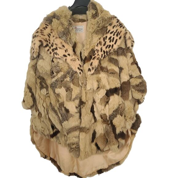 Vintage Rabbit Fur Cape One Size Winners Circle Brown Tan Patchwork Shawl Coat - Picture 1 of 15